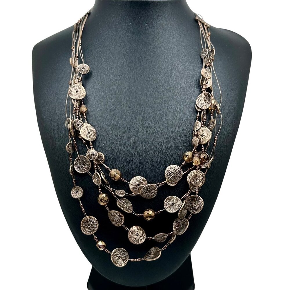 Chico's Necklace 5 Strands Round Copper Colored Beads Clear Gold Tone Beads 20"